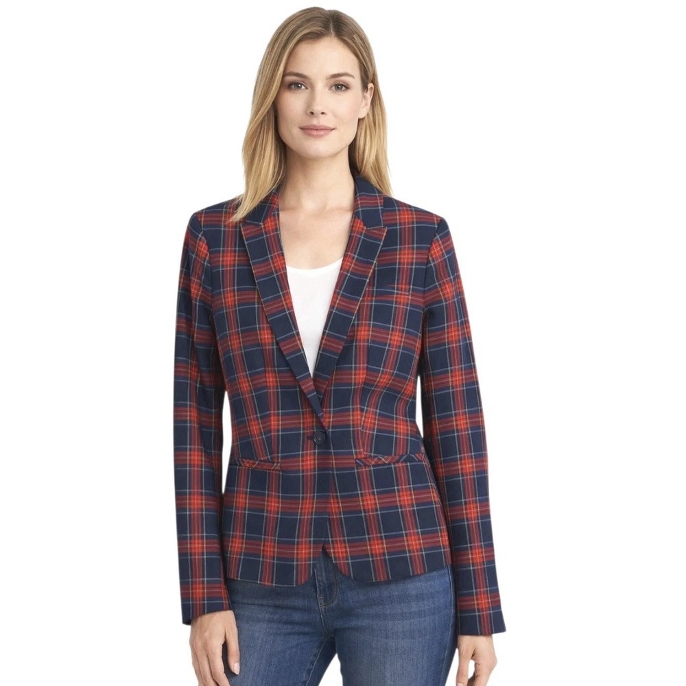 Tommy Hilfiger Women Blazer Size 8 Tartan Plaid One Button Jacket Elbow Patches